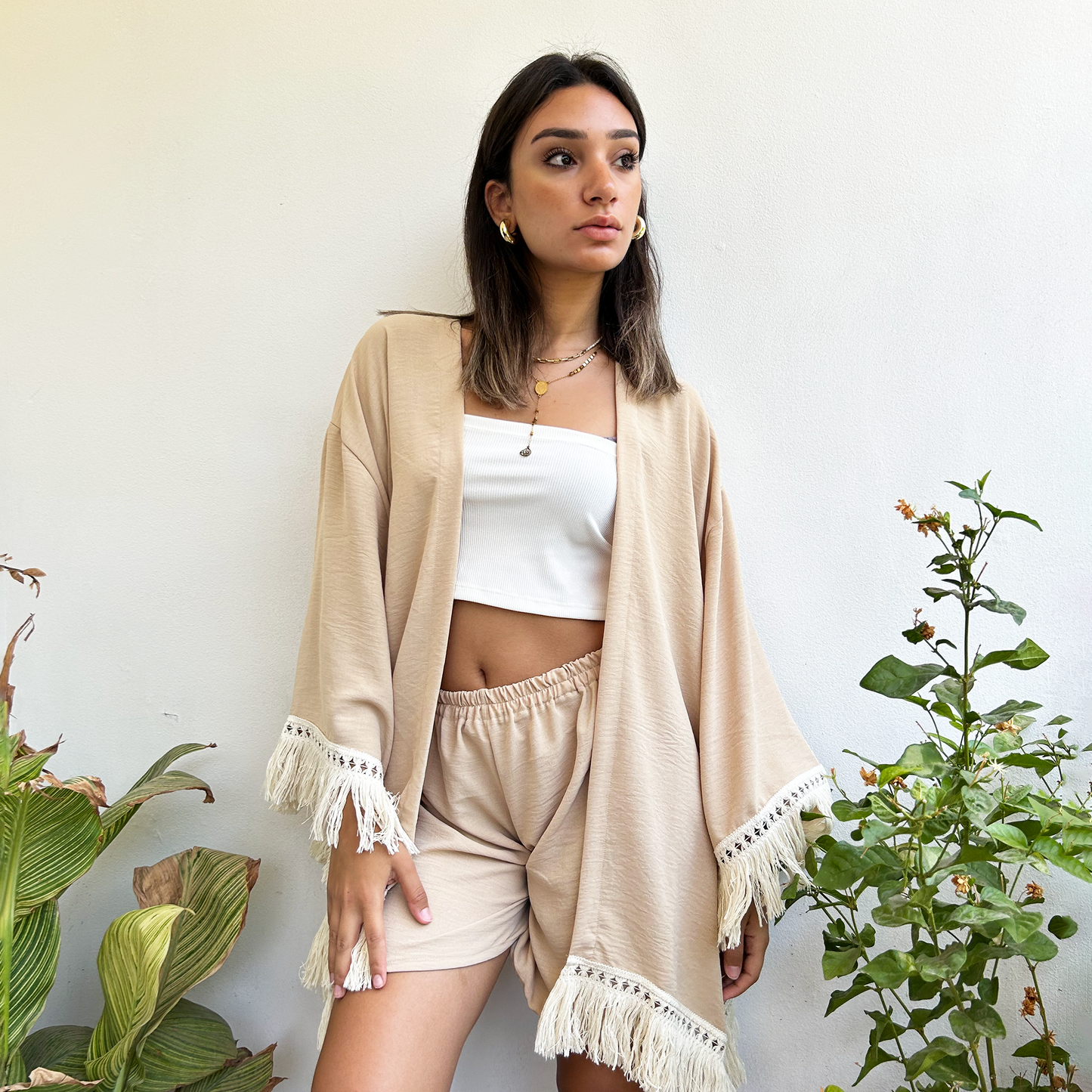 Beige Fringed Kimono Set