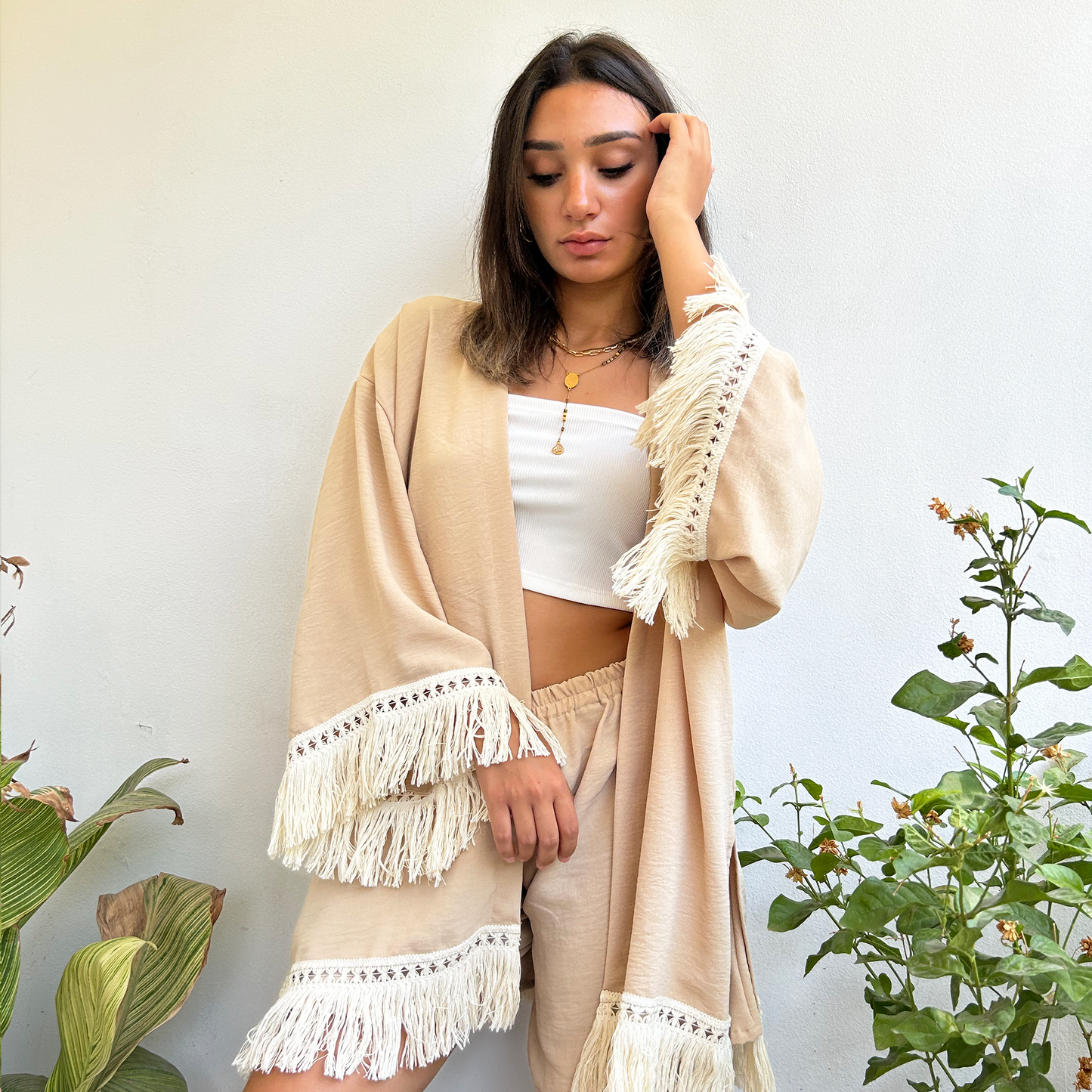 Beige Fringed Kimono Set