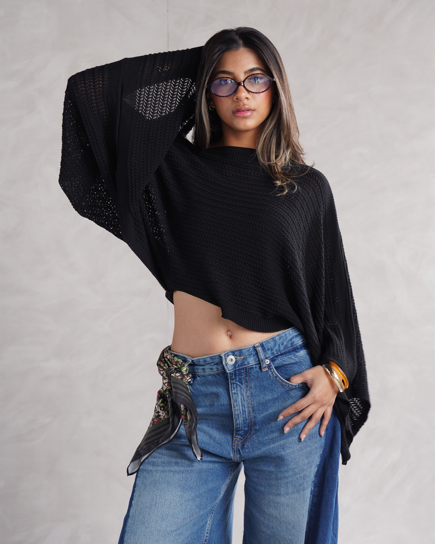 Black Off-shoulder Knit Poncho