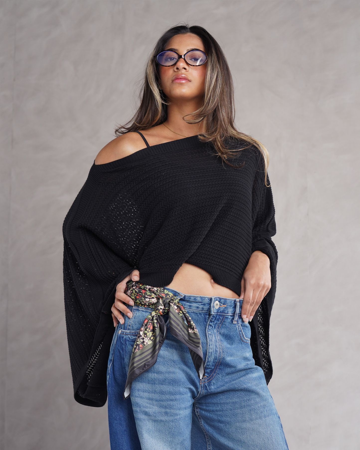 Black Off-shoulder Knit Poncho