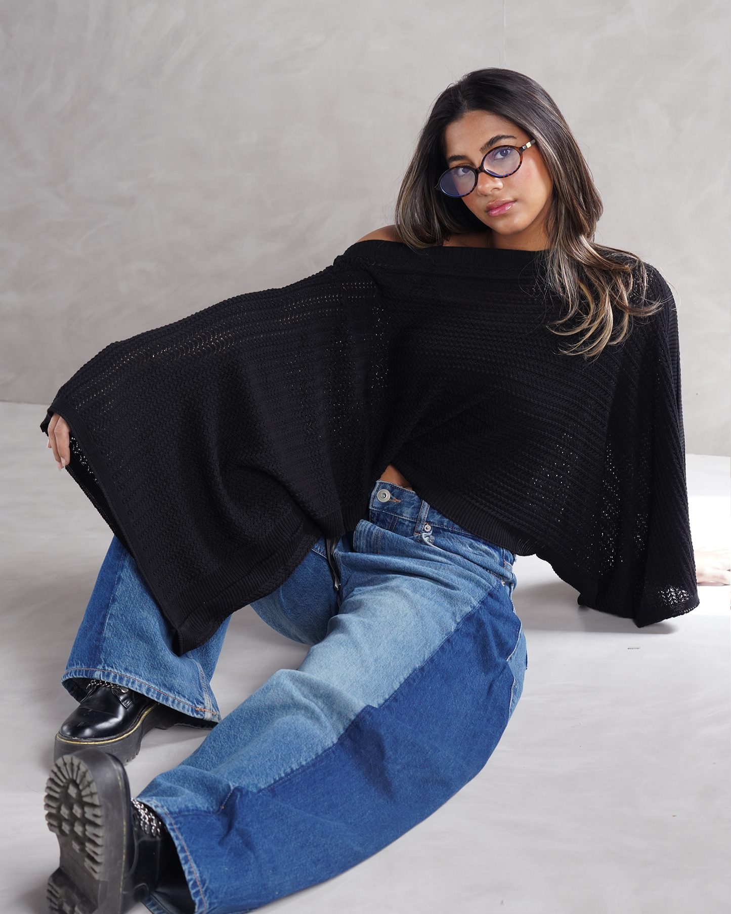 Black Off-shoulder Knit Poncho