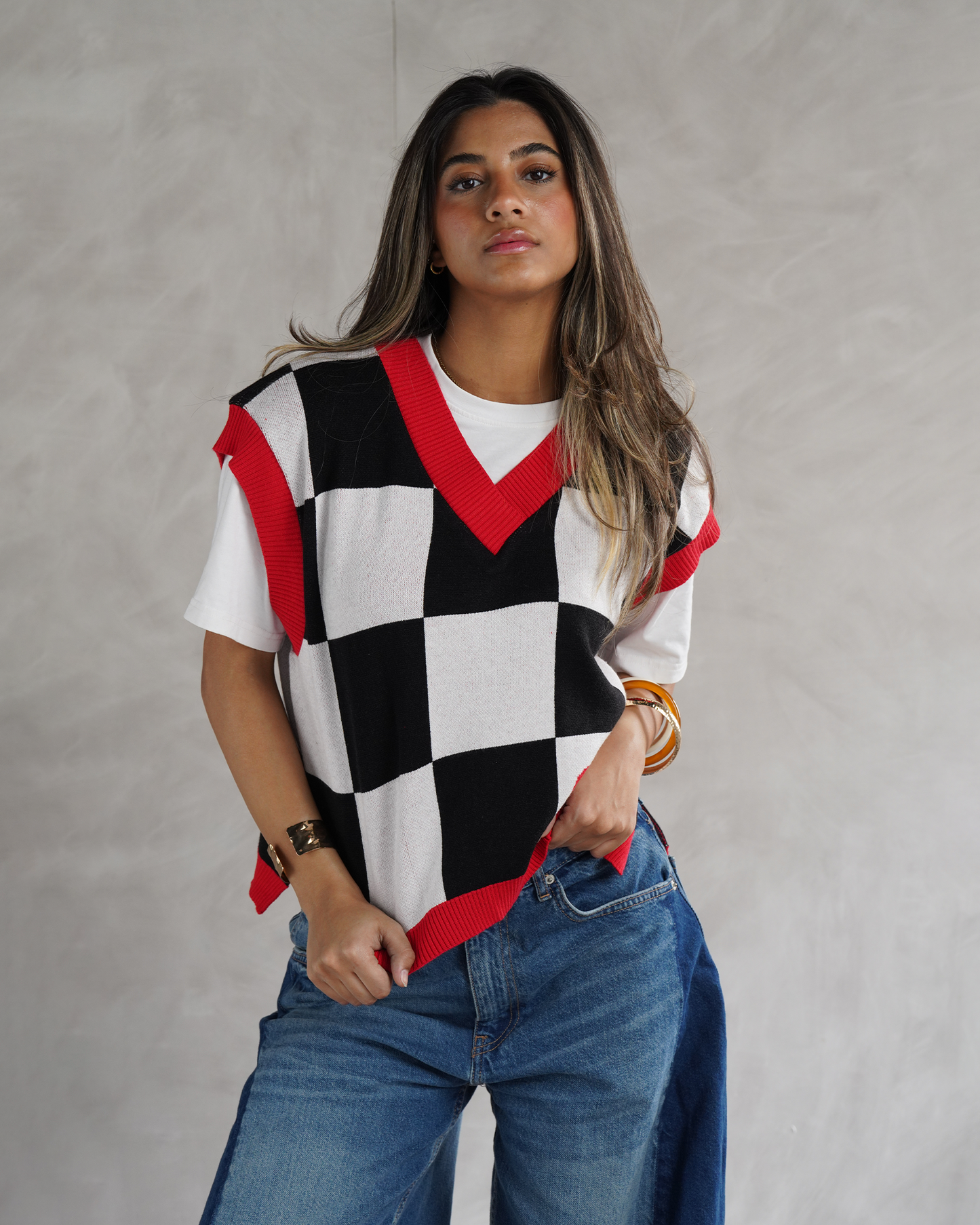Black Checkers Knit Vest