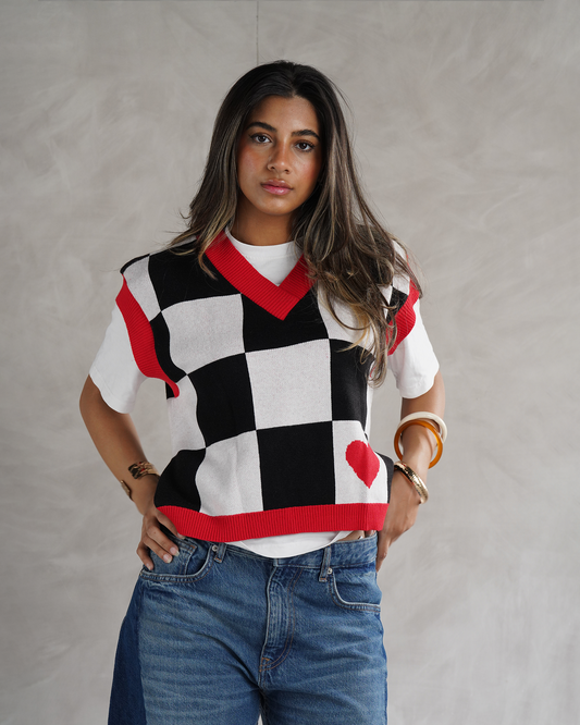 Black Checkers Knit Vest