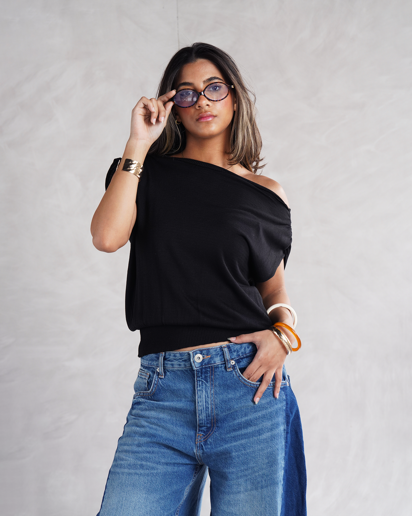 Black Drape Off-shoulder Knit Basic