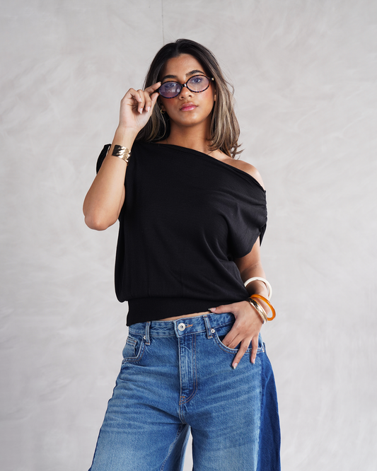 Black Drape Off-shoulder Knit Basic
