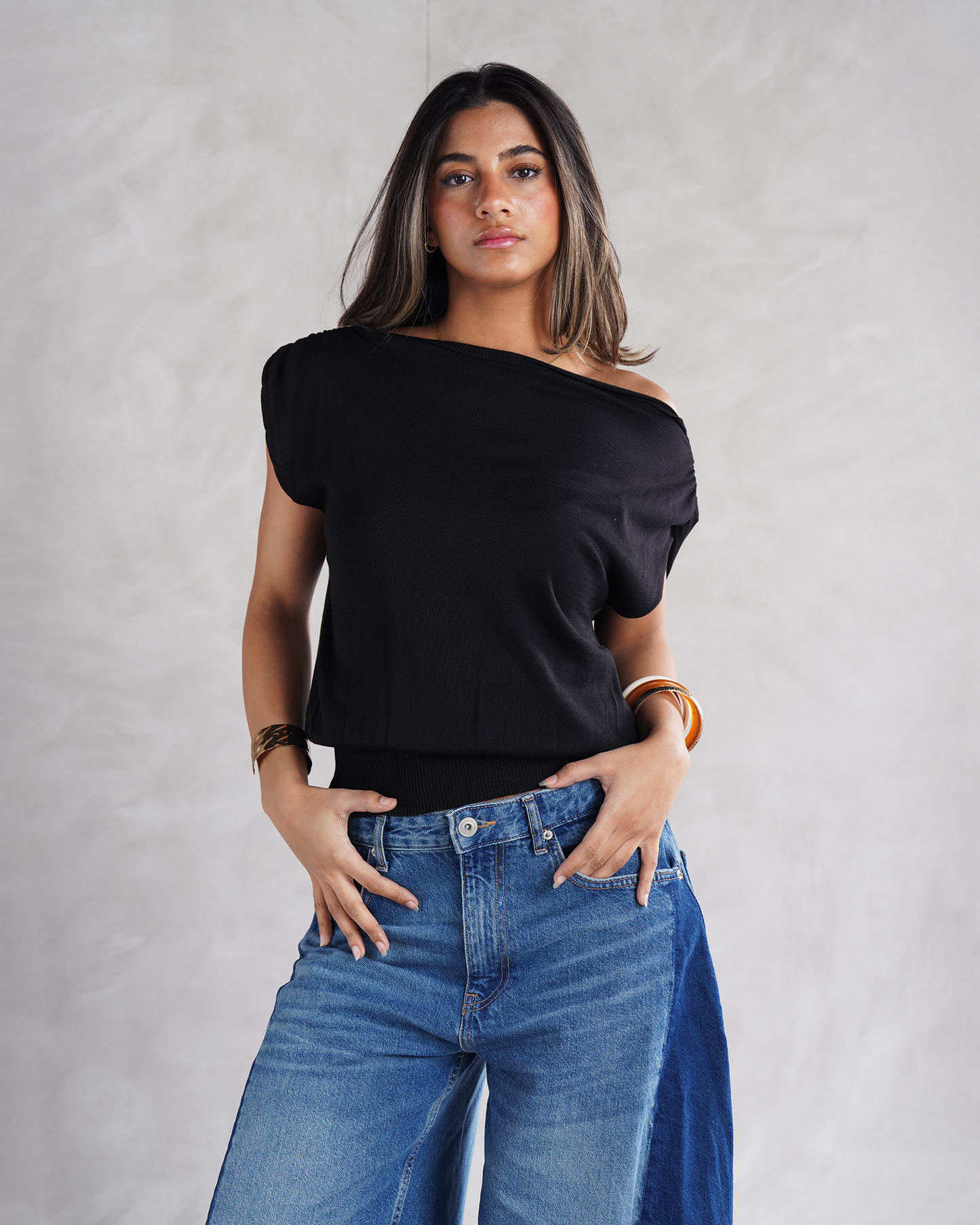 Black Drape Off-shoulder Knit Basic