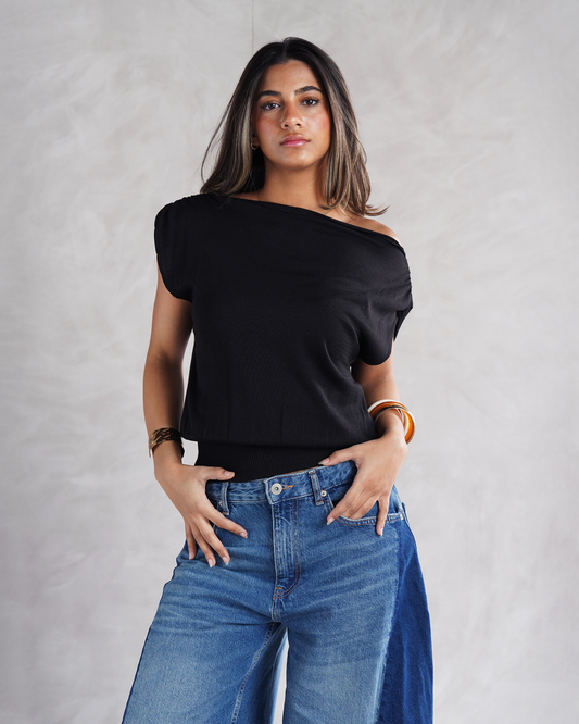 Black Drape Off-shoulder Knit Basic