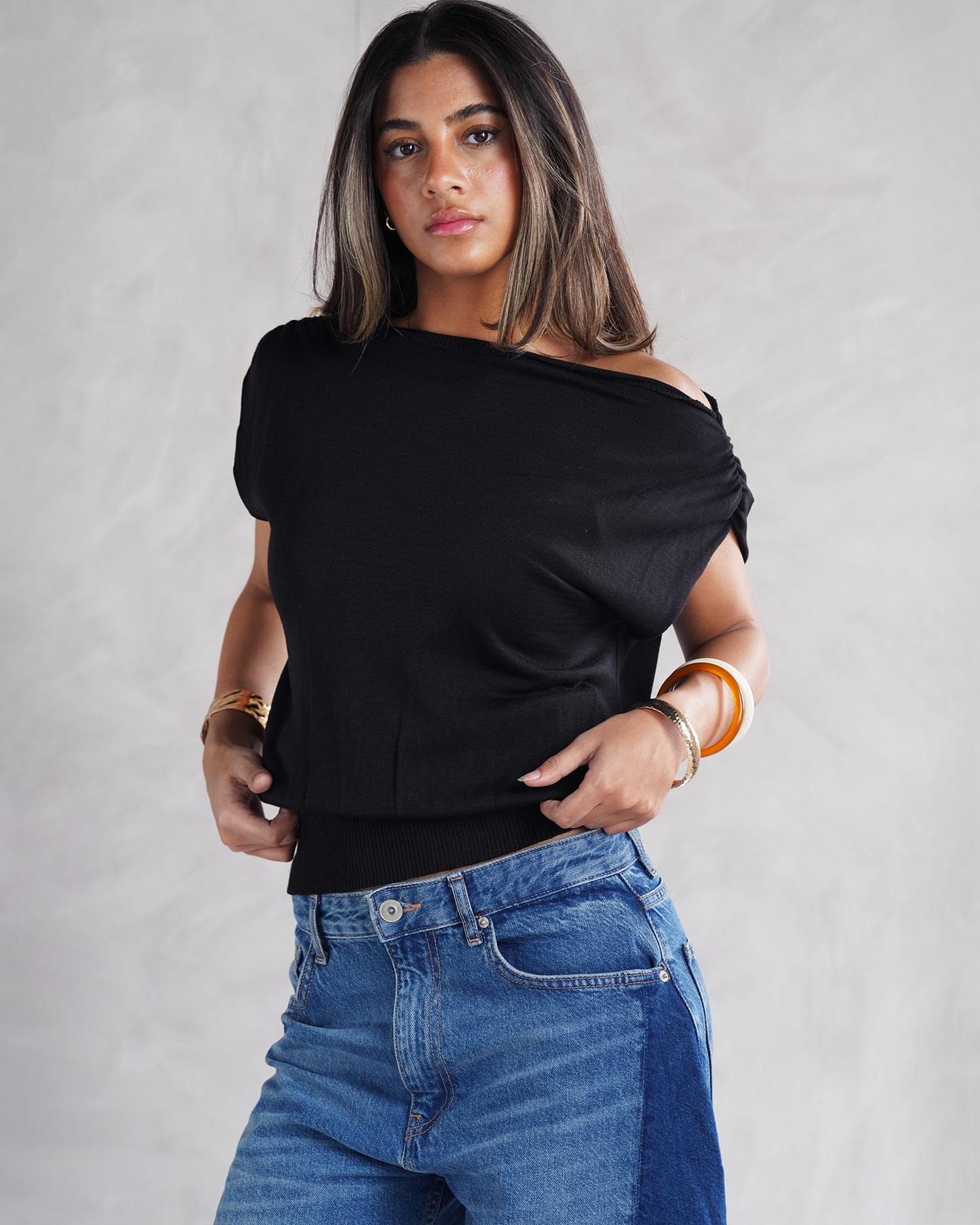 Black Drape Off-shoulder Knit Basic
