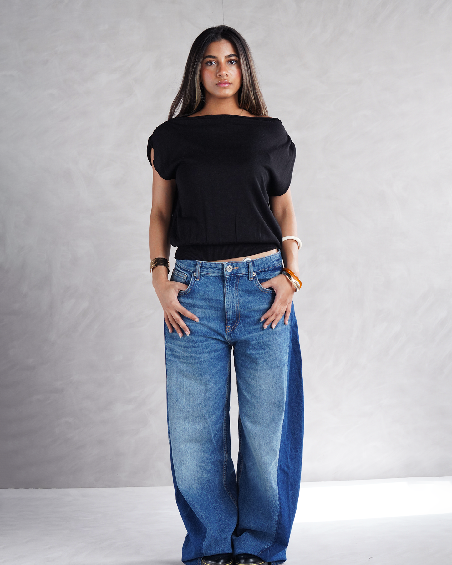 Black Drape Off-shoulder Knit Basic