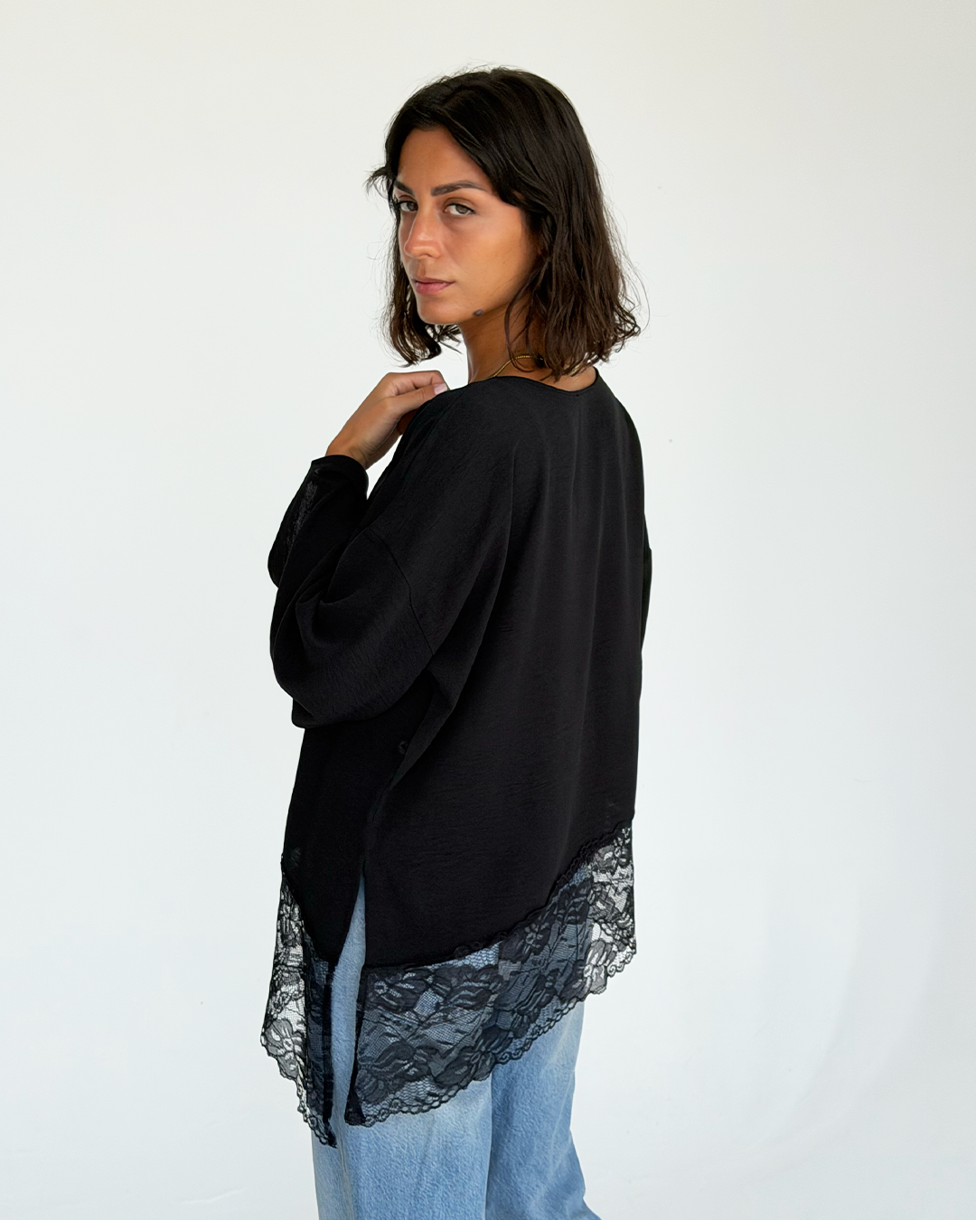 Black Asymmetric Wide Sleeve Lace Top