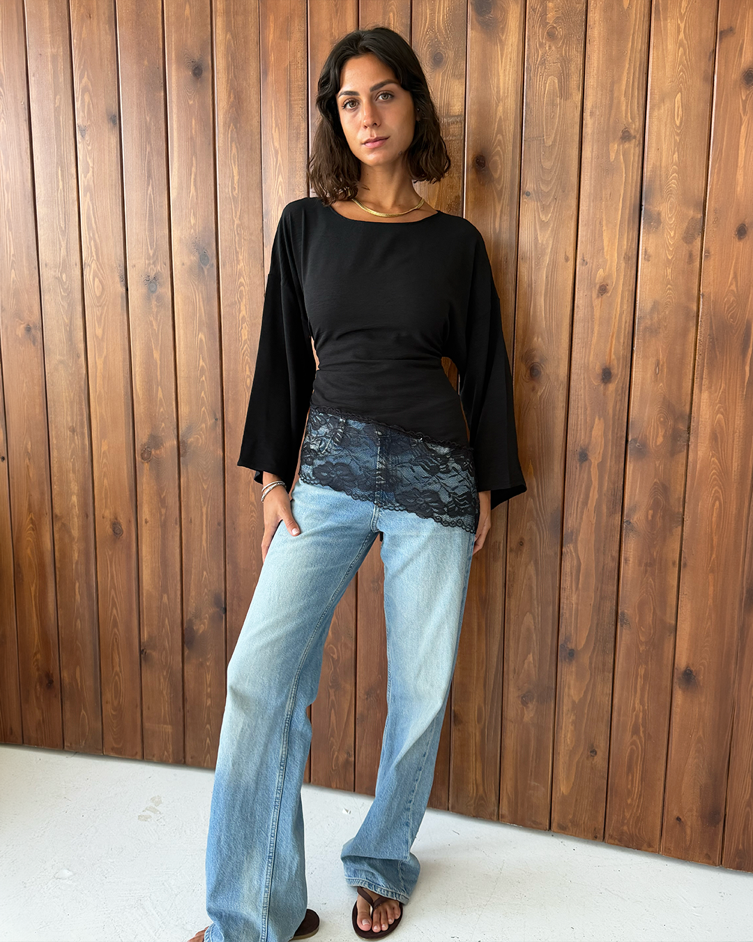 Black Asymmetric Wide Sleeve Lace Top