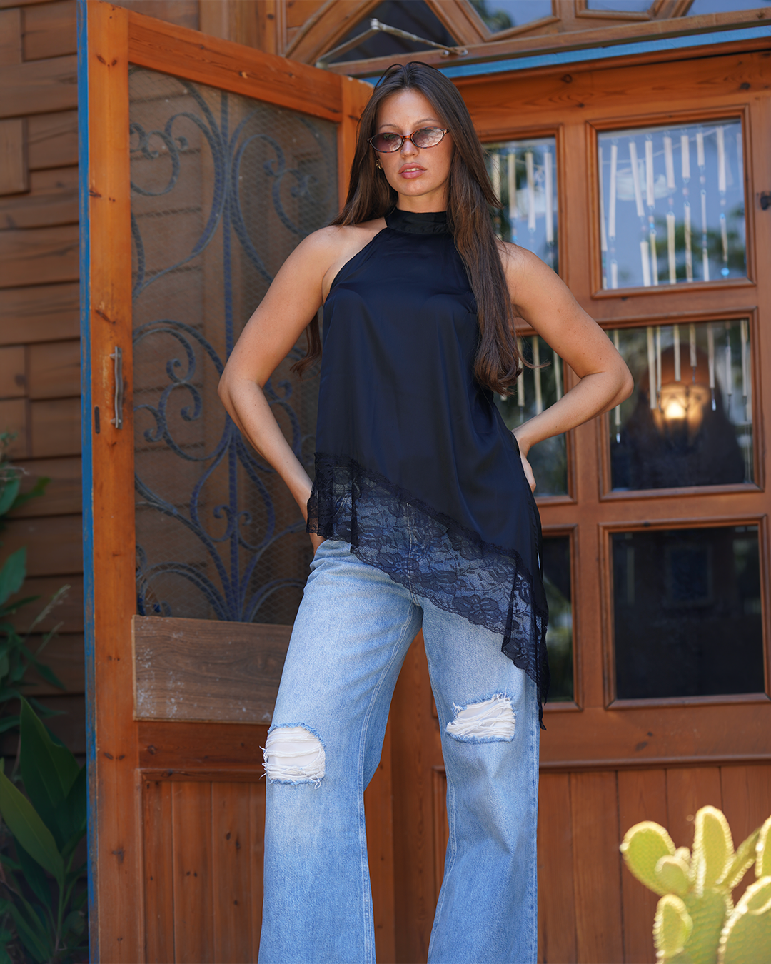 Black Asymmetric Lace Top