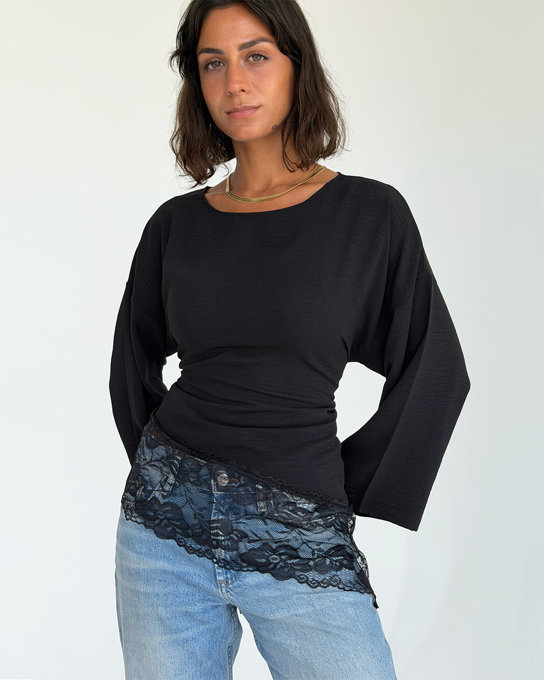 Black Asymmetric Wide Sleeve Lace Top