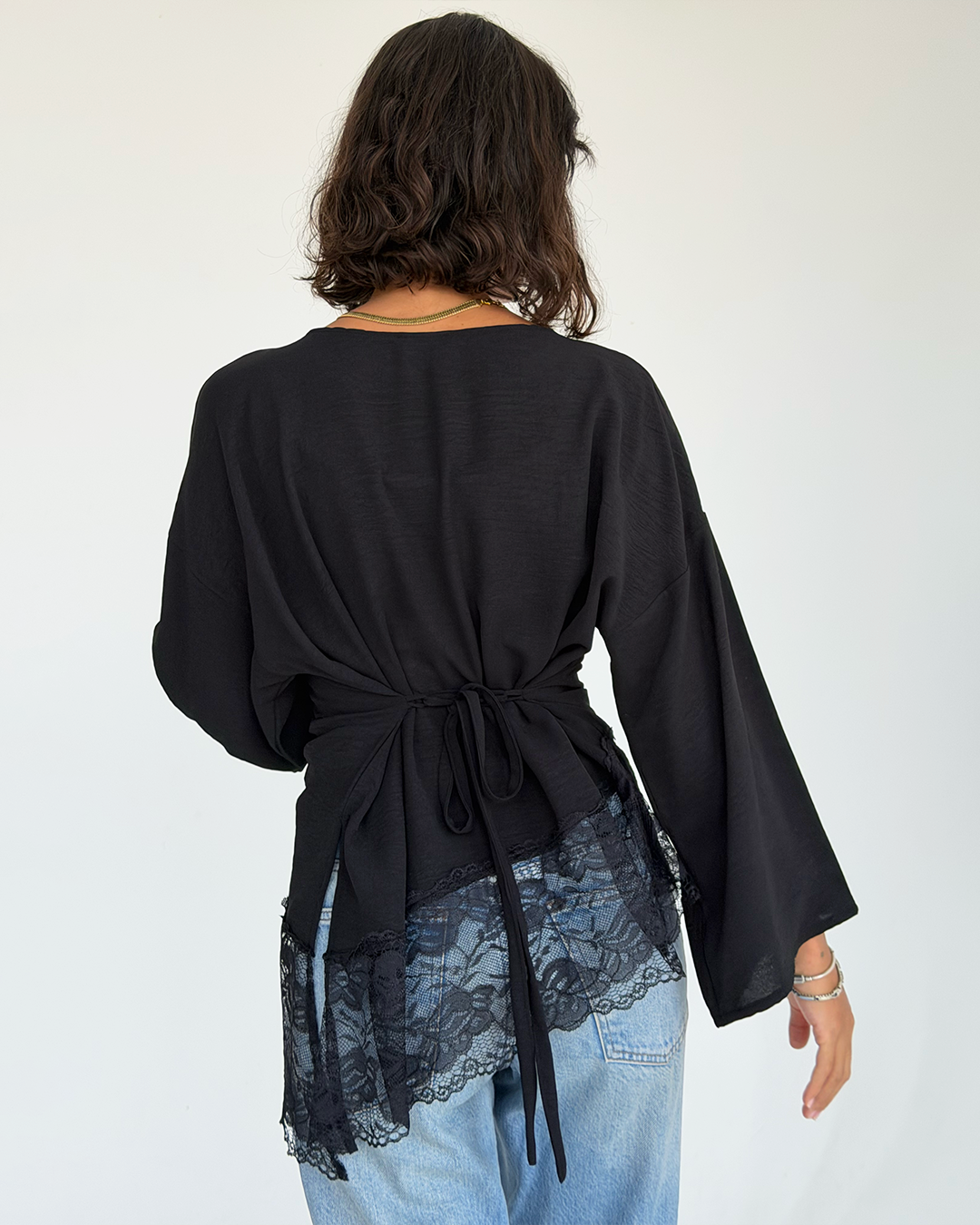 Black Asymmetric Wide Sleeve Lace Top