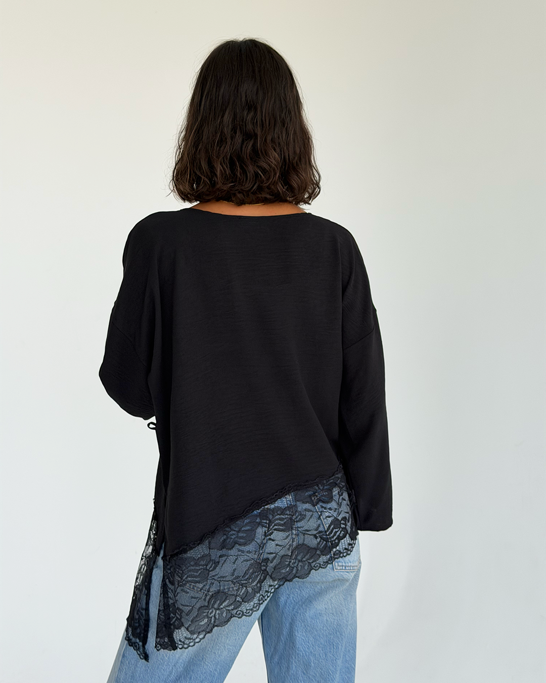 Black Asymmetric Wide Sleeve Lace Top
