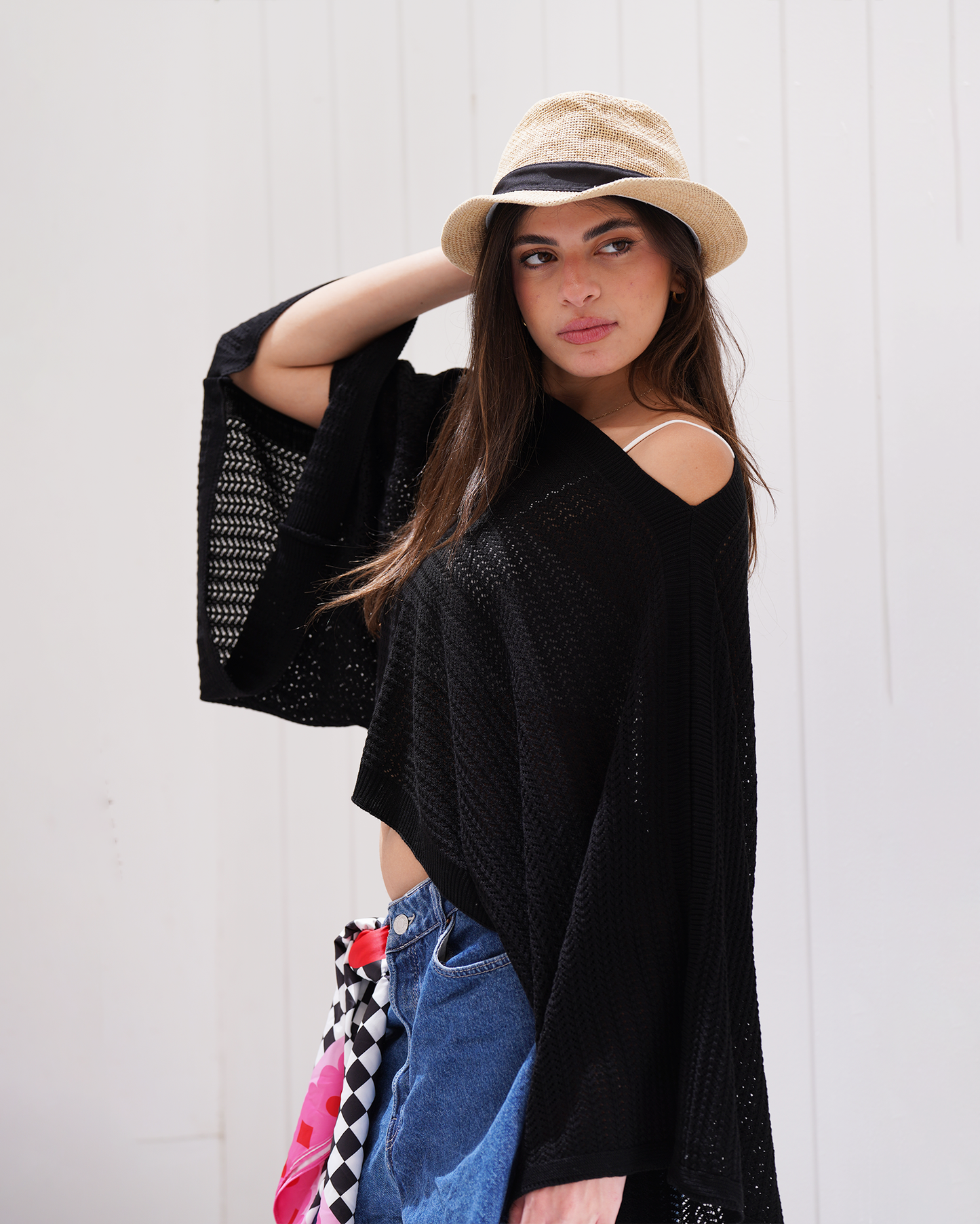 Black Off-shoulder Knit Poncho