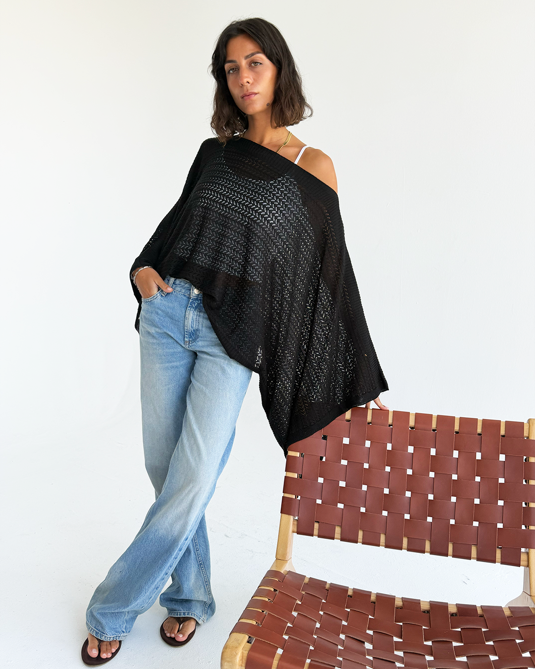 Black Off-shoulder Knit Poncho