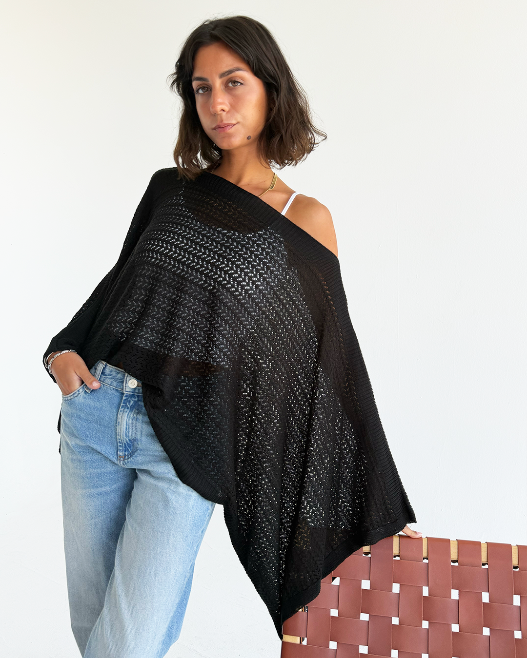Black Off-shoulder Knit Poncho