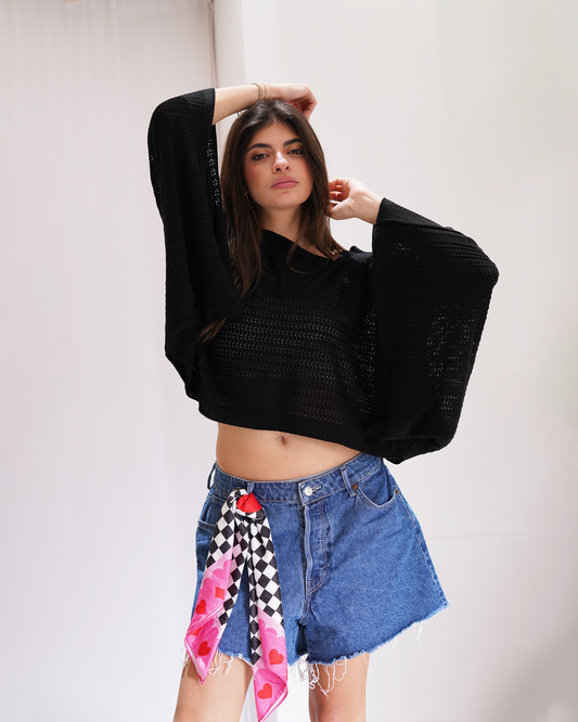 Black Off-shoulder Knit Poncho
