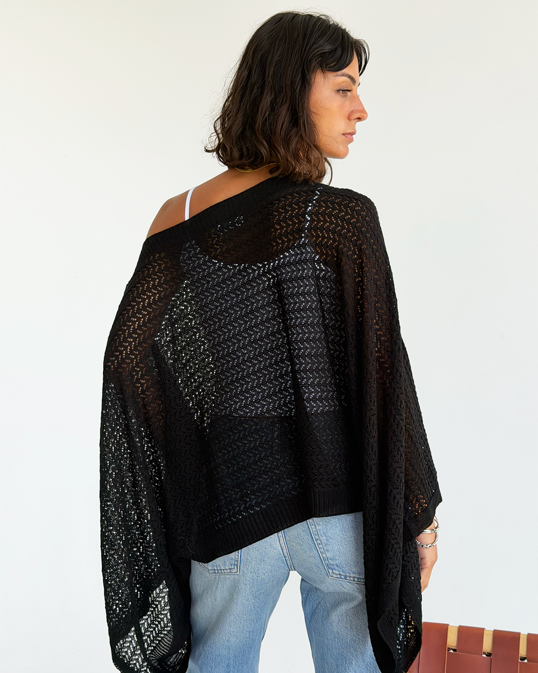 Black Off-shoulder Knit Poncho