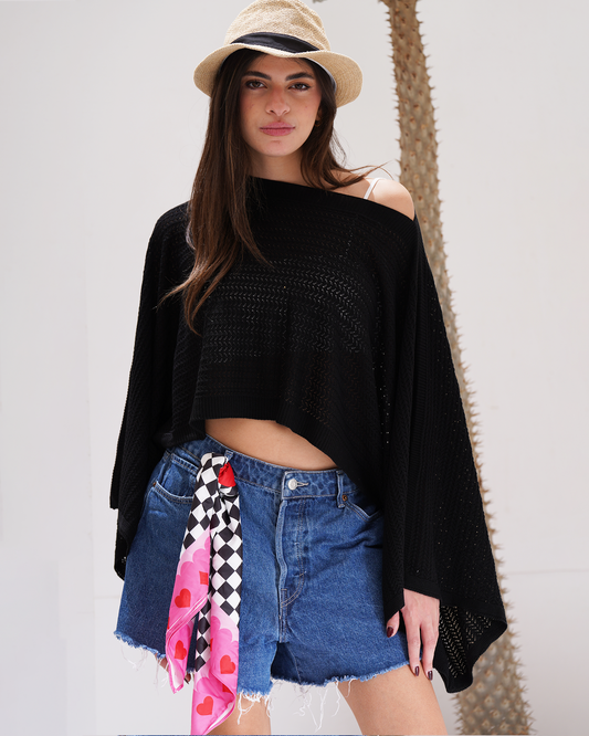 Black Off-shoulder Knit Poncho