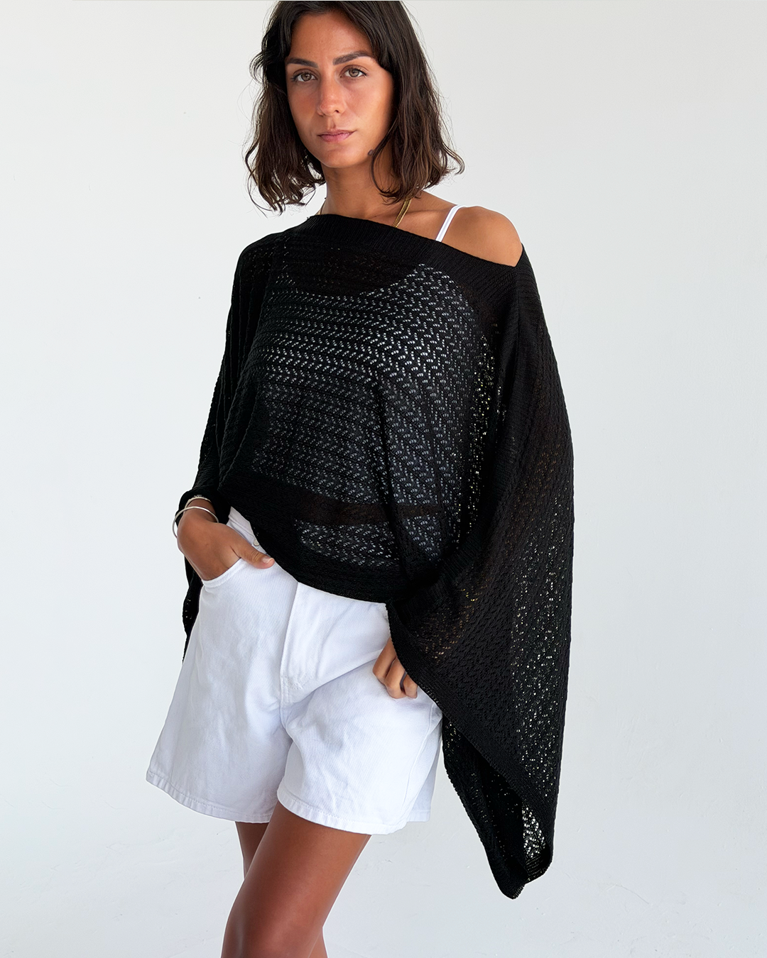 Black Off-shoulder Knit Poncho
