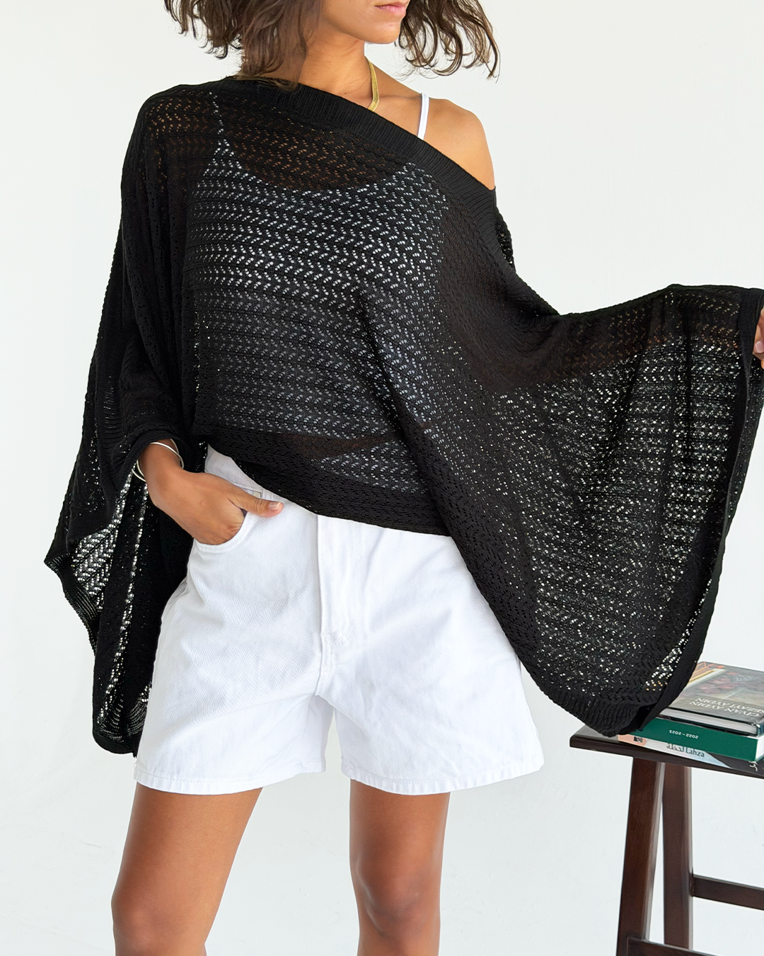 Black Off-shoulder Knit Poncho