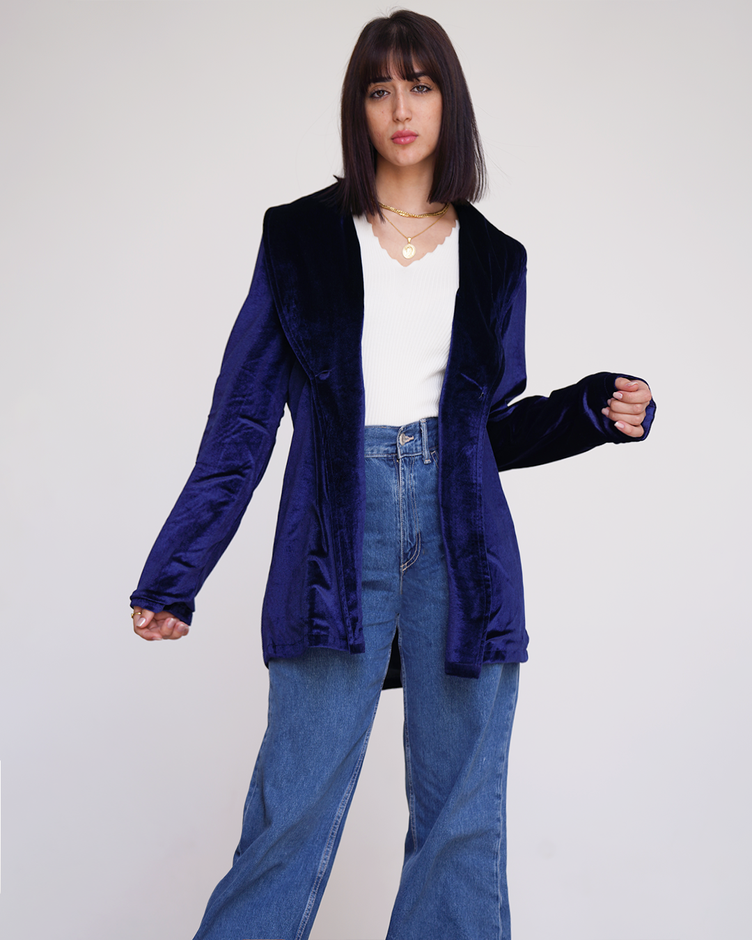 Blue Velvet Embroidered Blazer