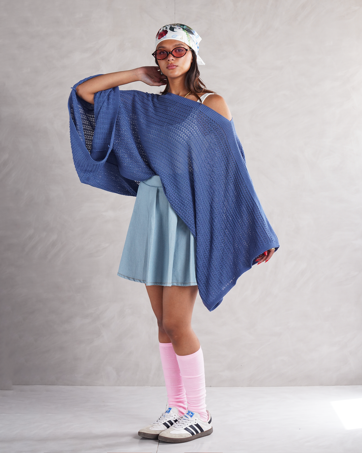 Blue Off-shoulder Knit Poncho
