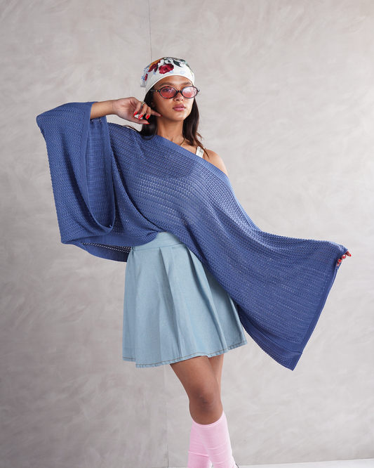Blue Off-shoulder Knit Poncho