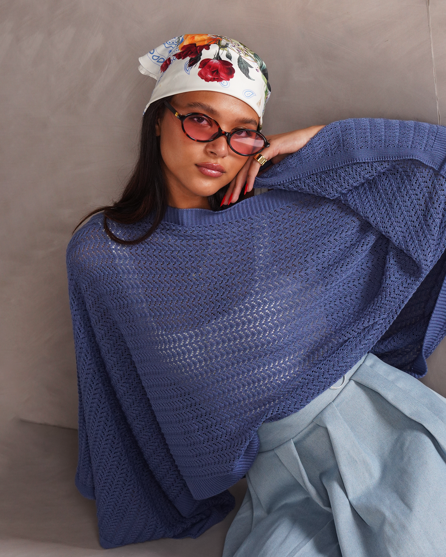 Blue Off-shoulder Knit Poncho