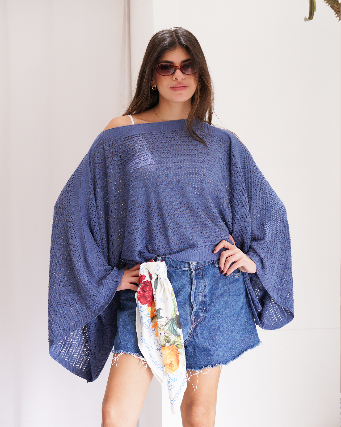 Blue Off-shoulder Knit Poncho