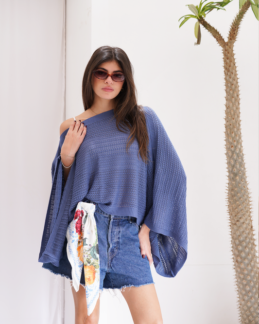 Blue Off-shoulder Knit Poncho
