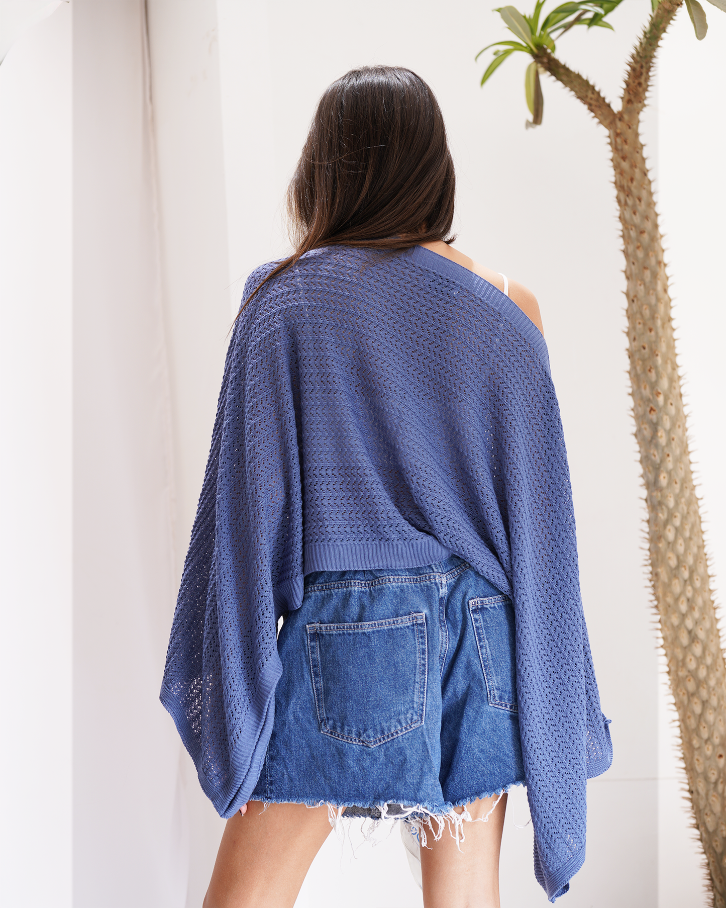 Blue Off-shoulder Knit Poncho