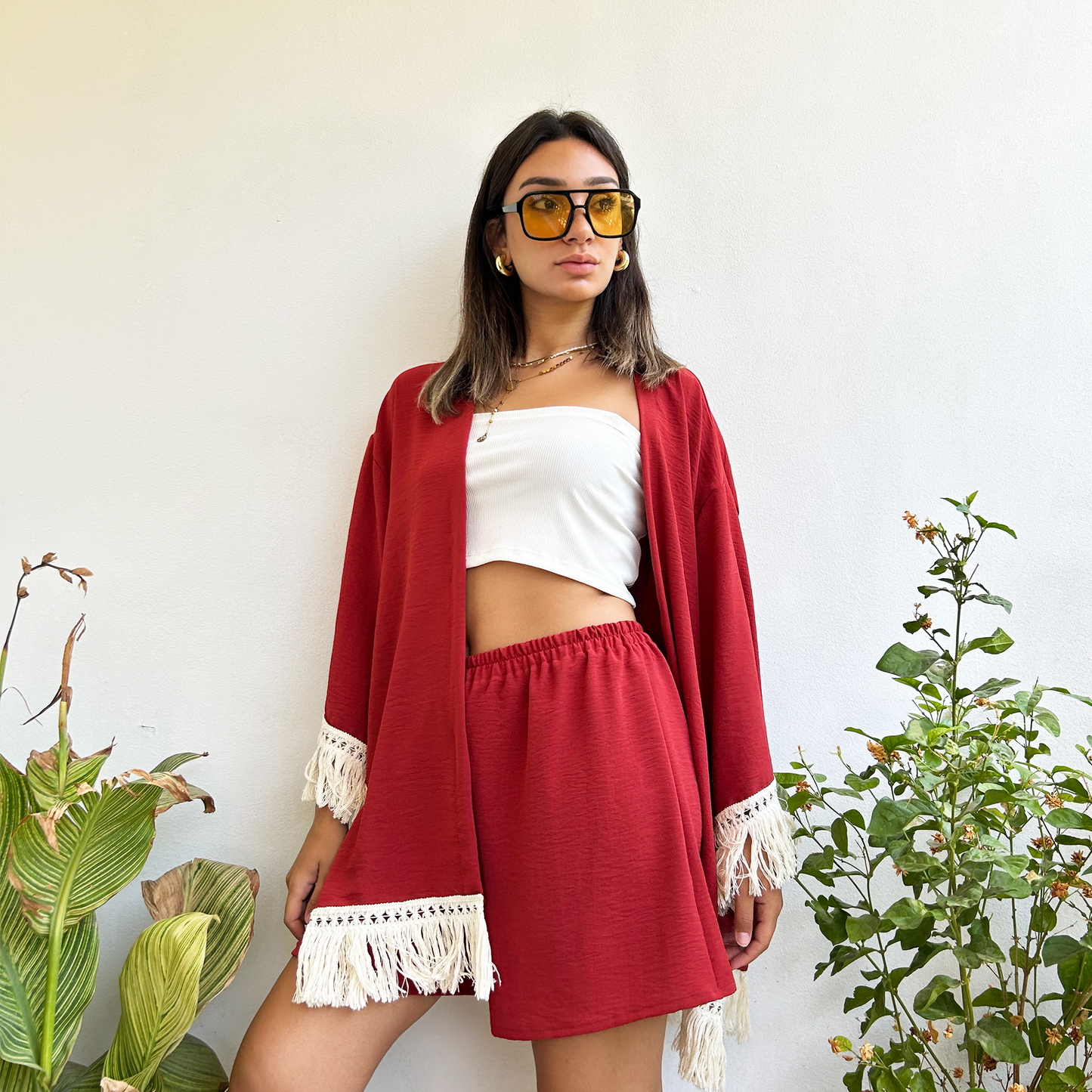 Brick Fringed Kimono Set