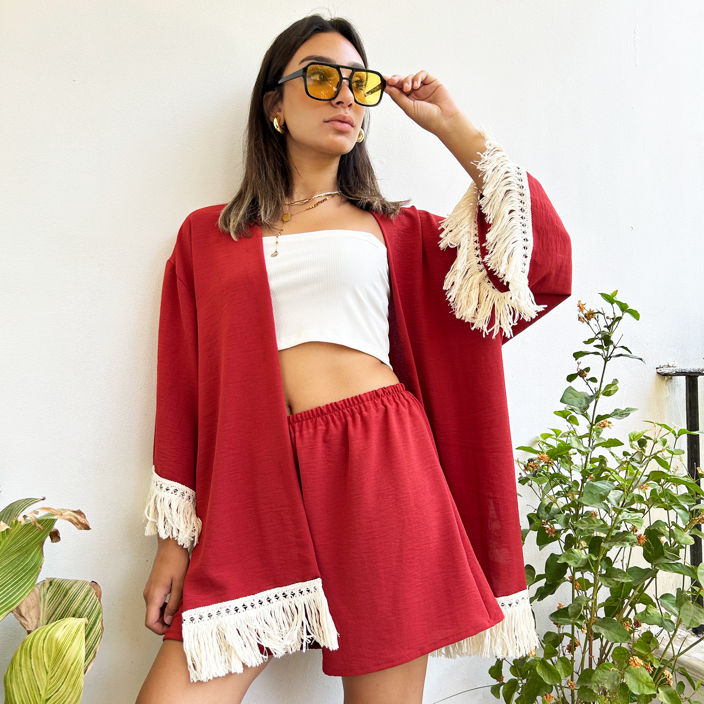 Brick Fringed Kimono Set