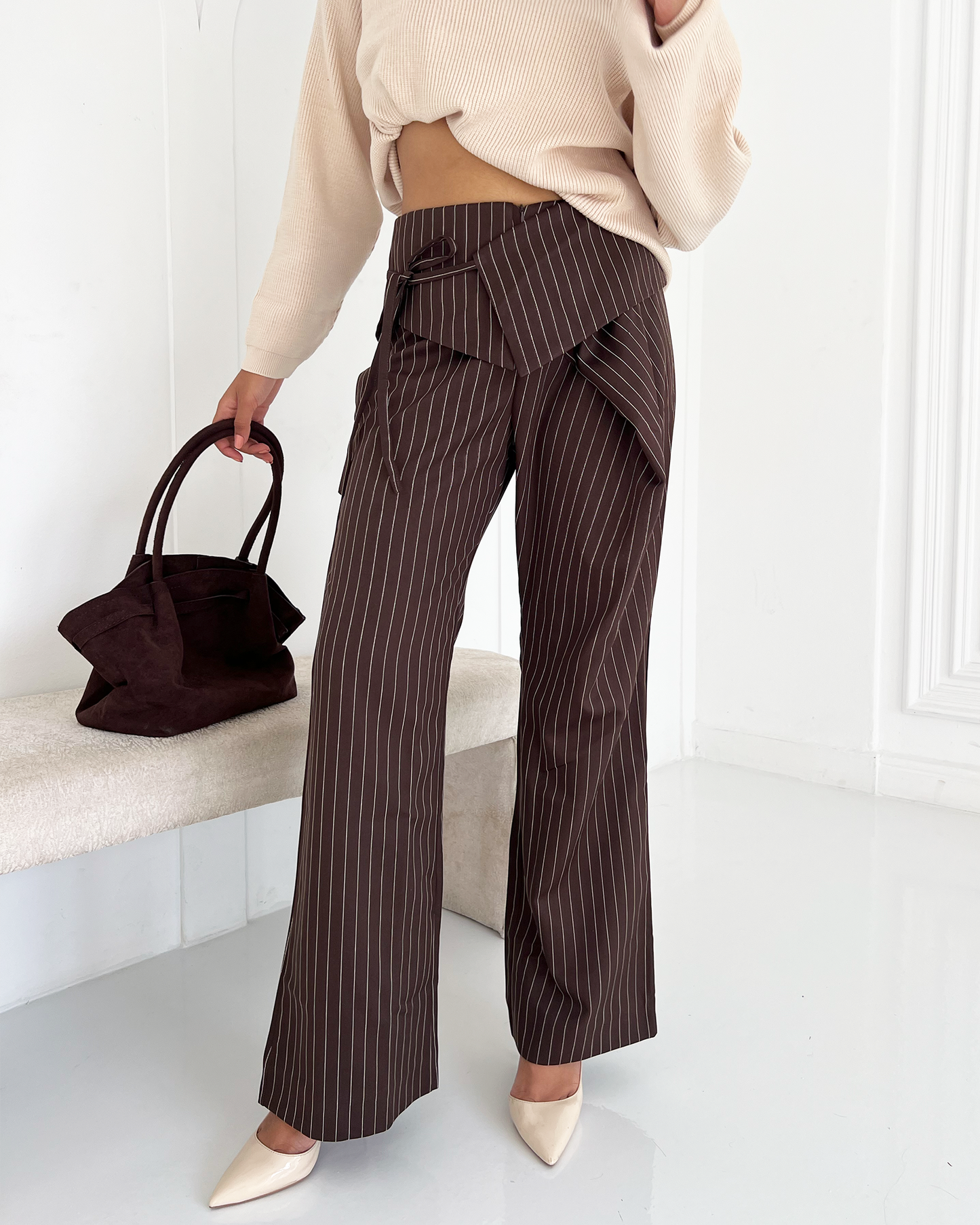 Brown Flip-waist Pinstripe Suit Pants