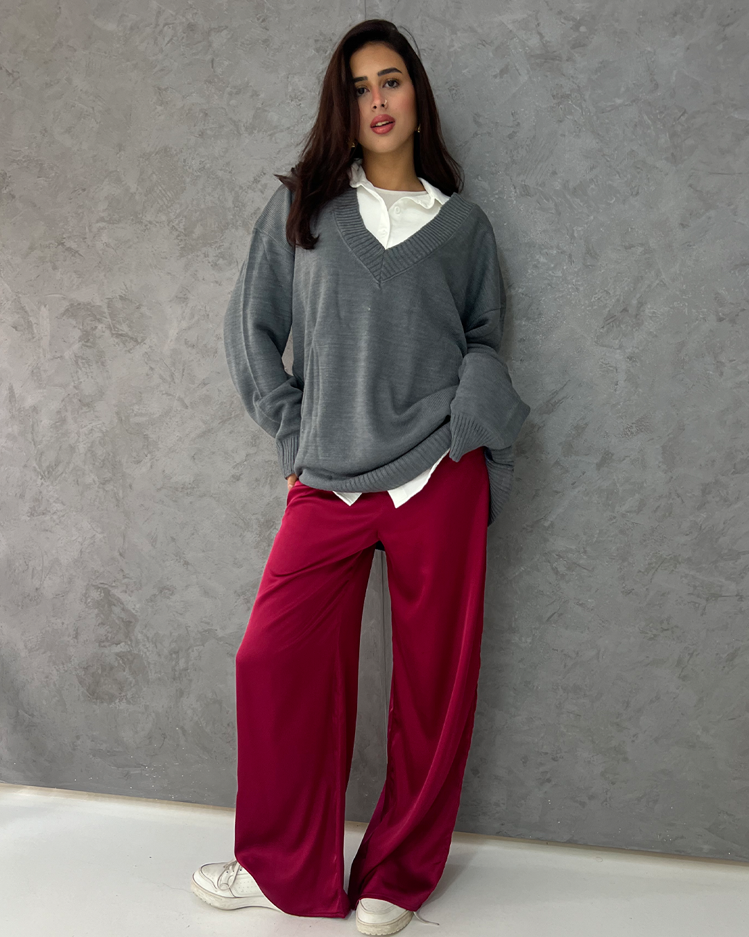 Burgundy Silk Wide Pants