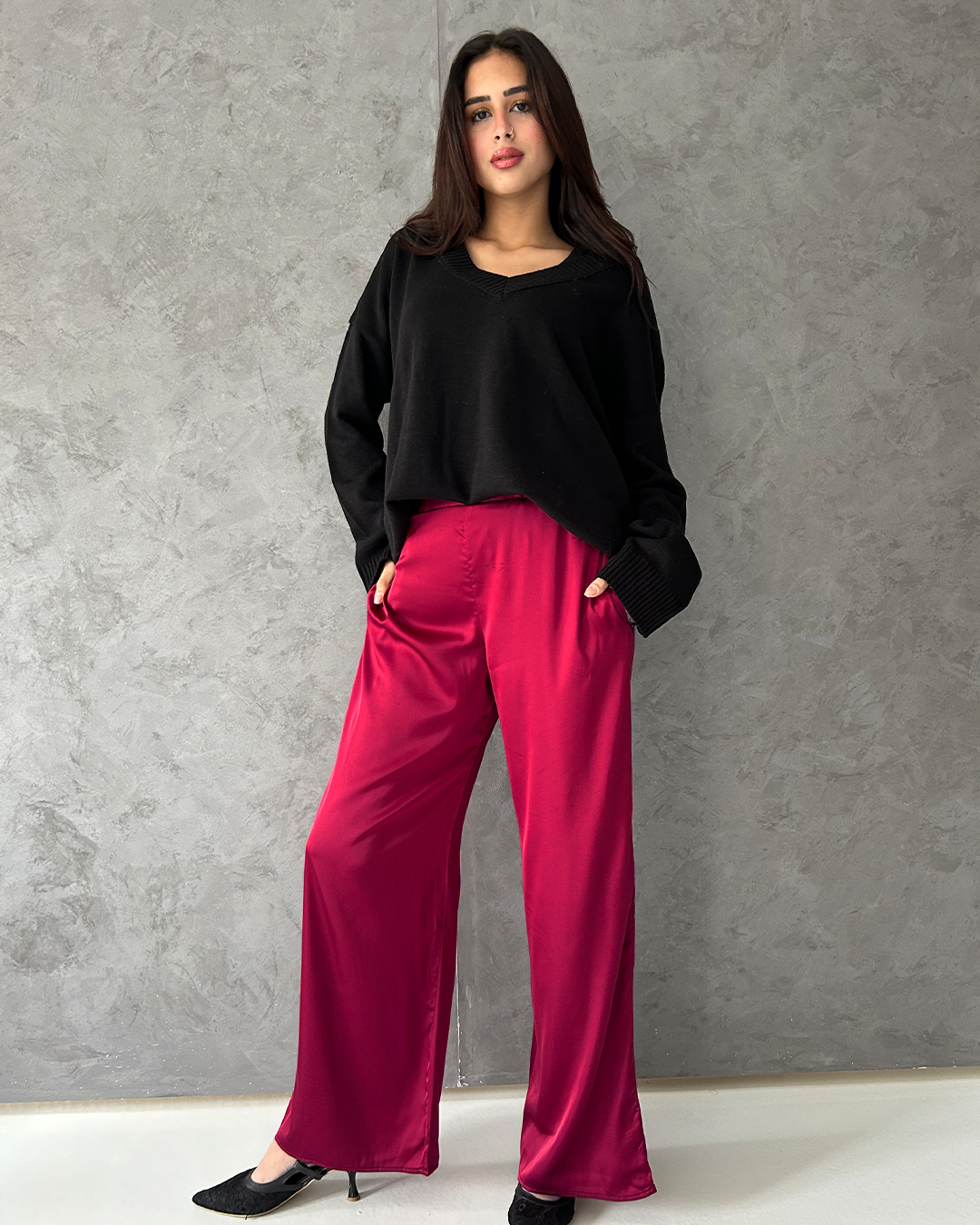 Burgundy Silk Wide Pants