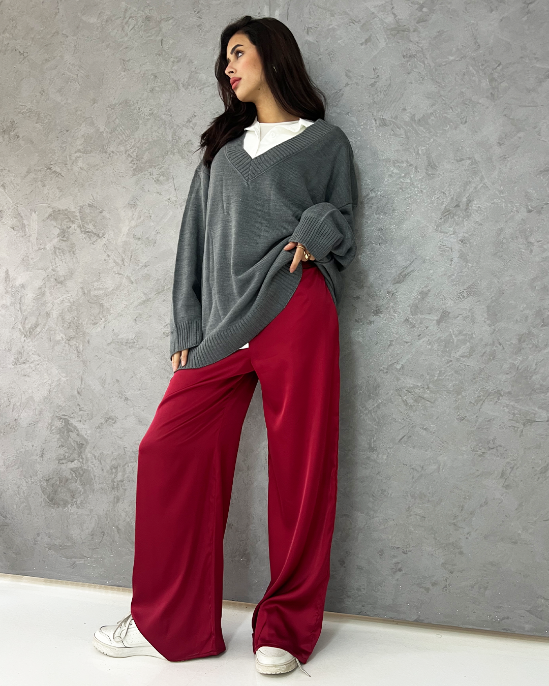 Burgundy Silk Wide Pants