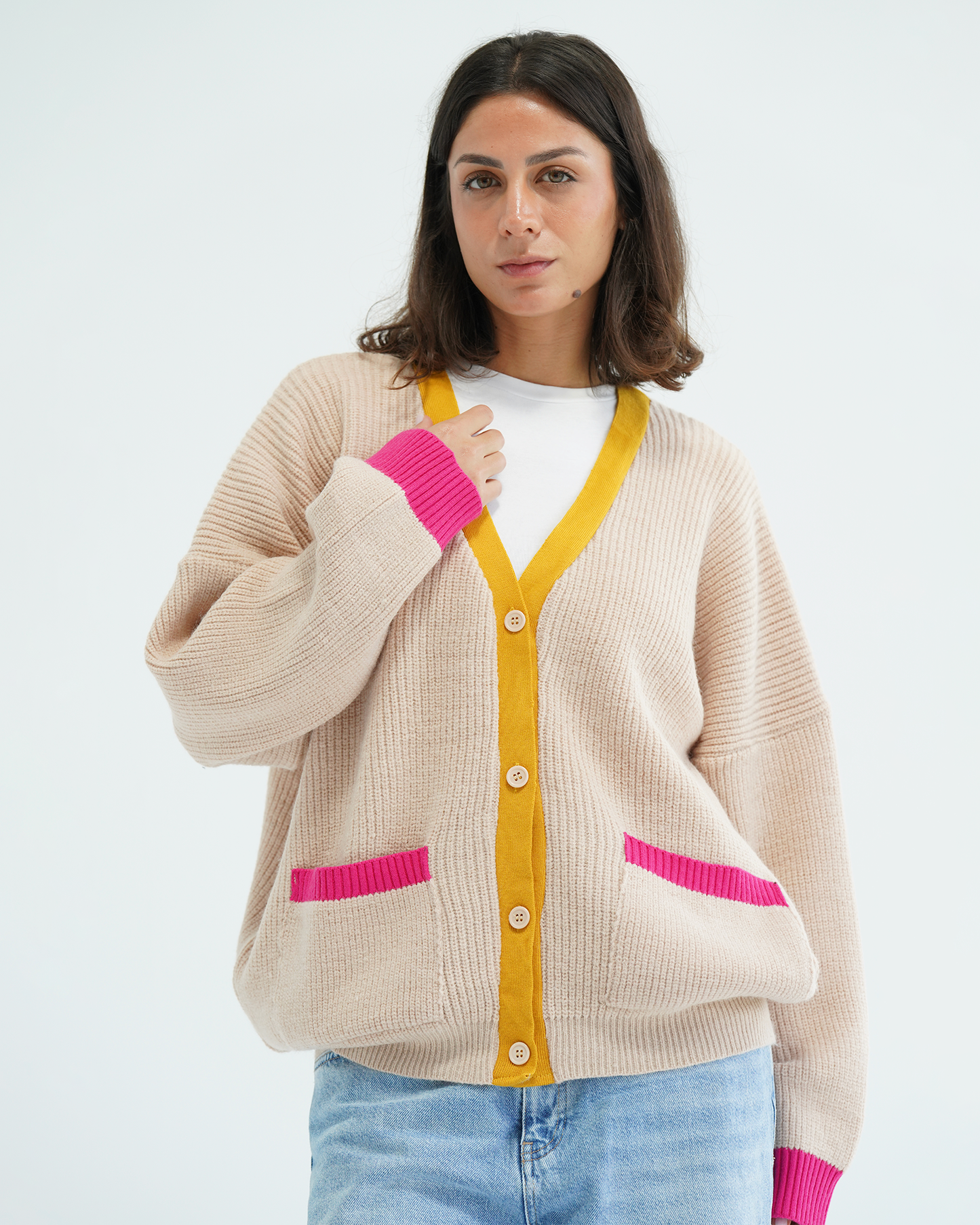 Beige Color Block Knit Cardigan