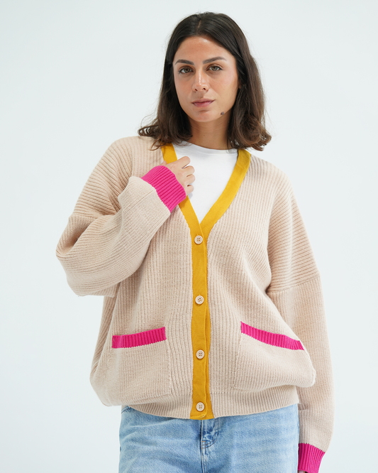 Beige Color Block Knit Cardigan