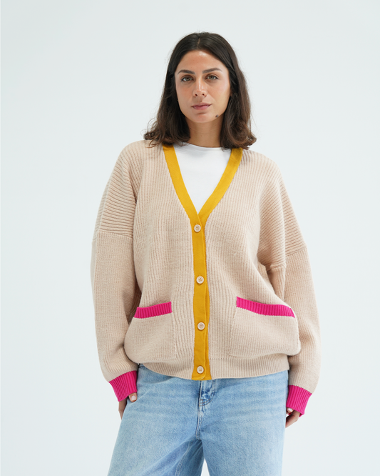Beige Color Block Knit Cardigan