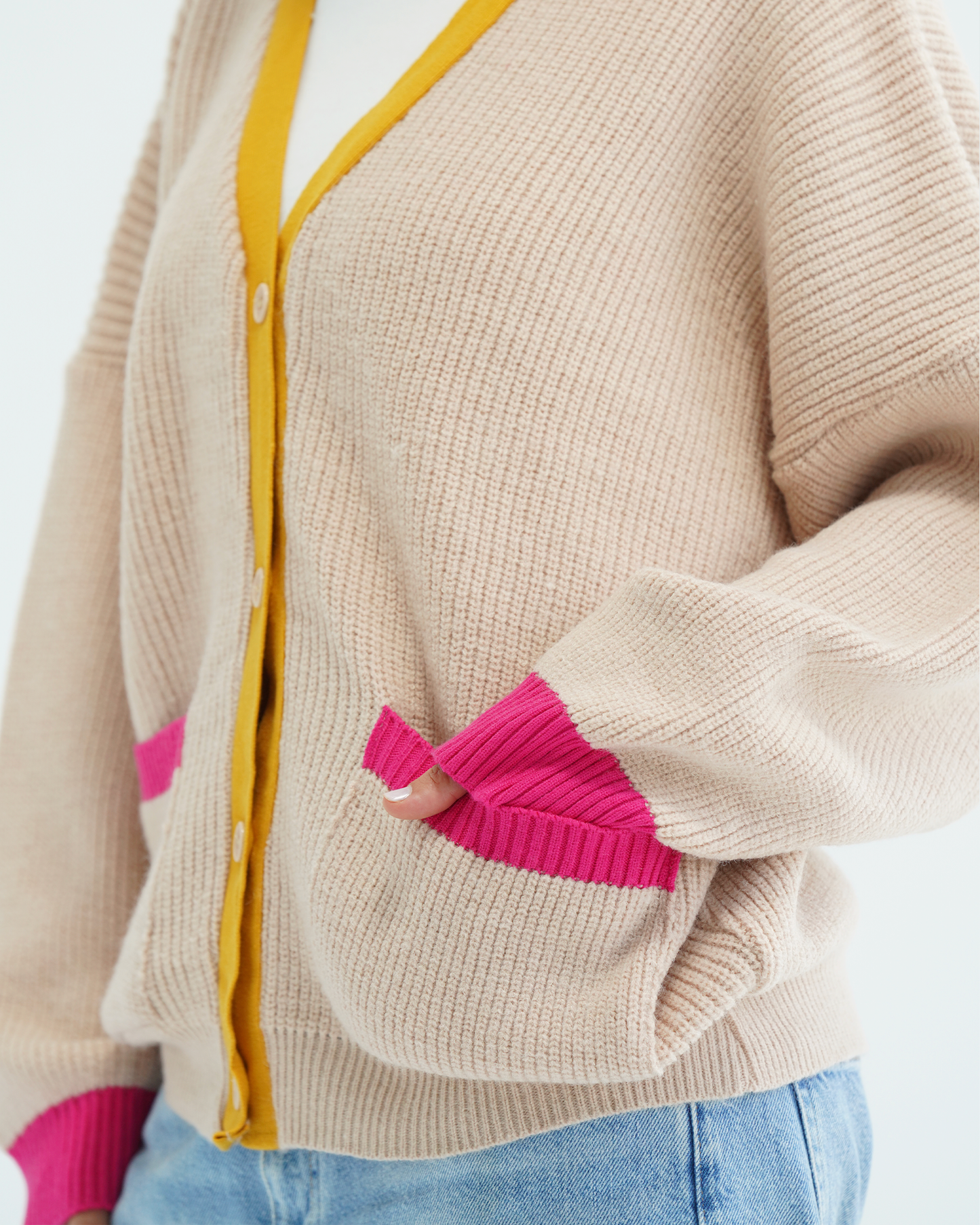 Beige Color Block Knit Cardigan