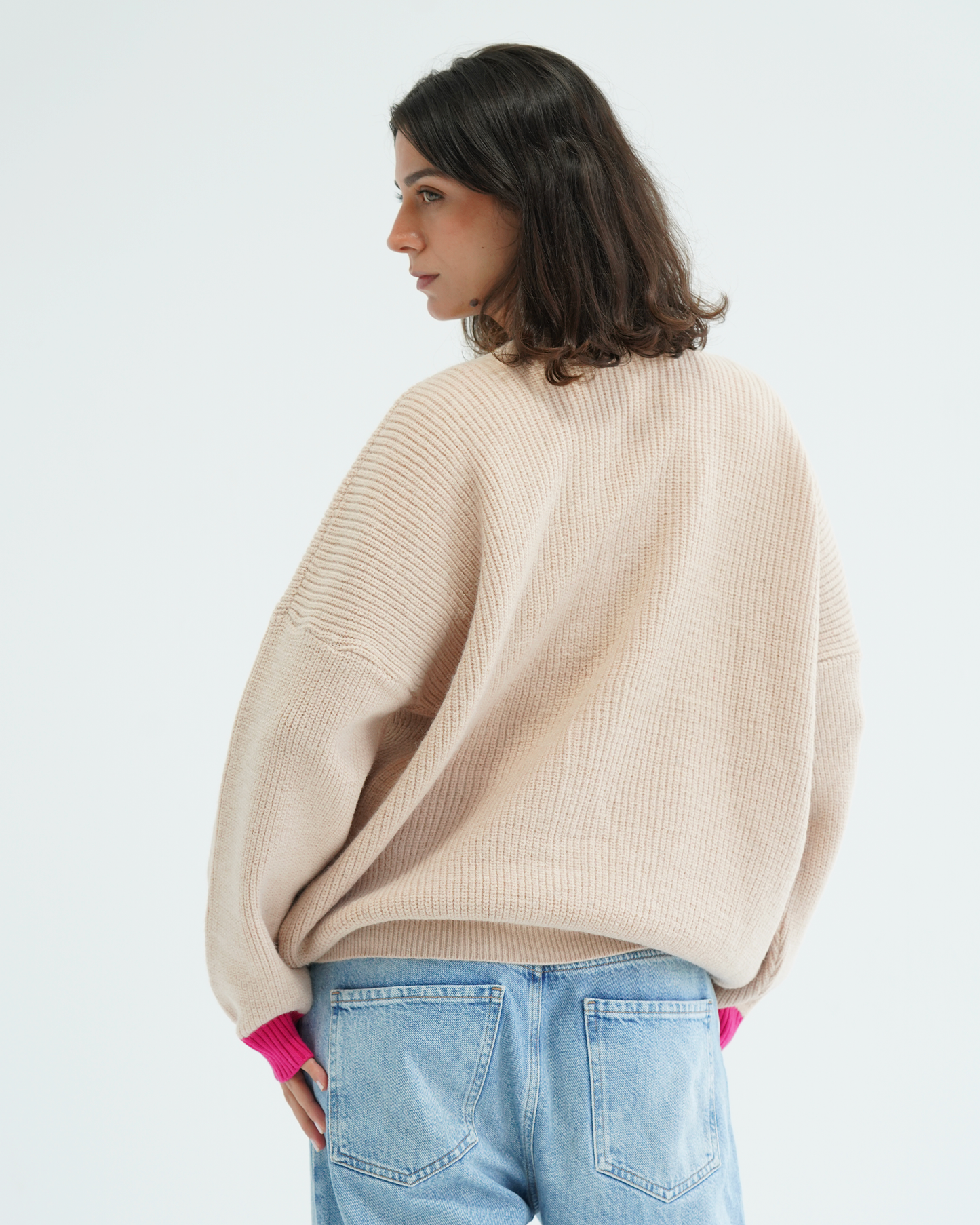 Beige Color Block Knit Cardigan