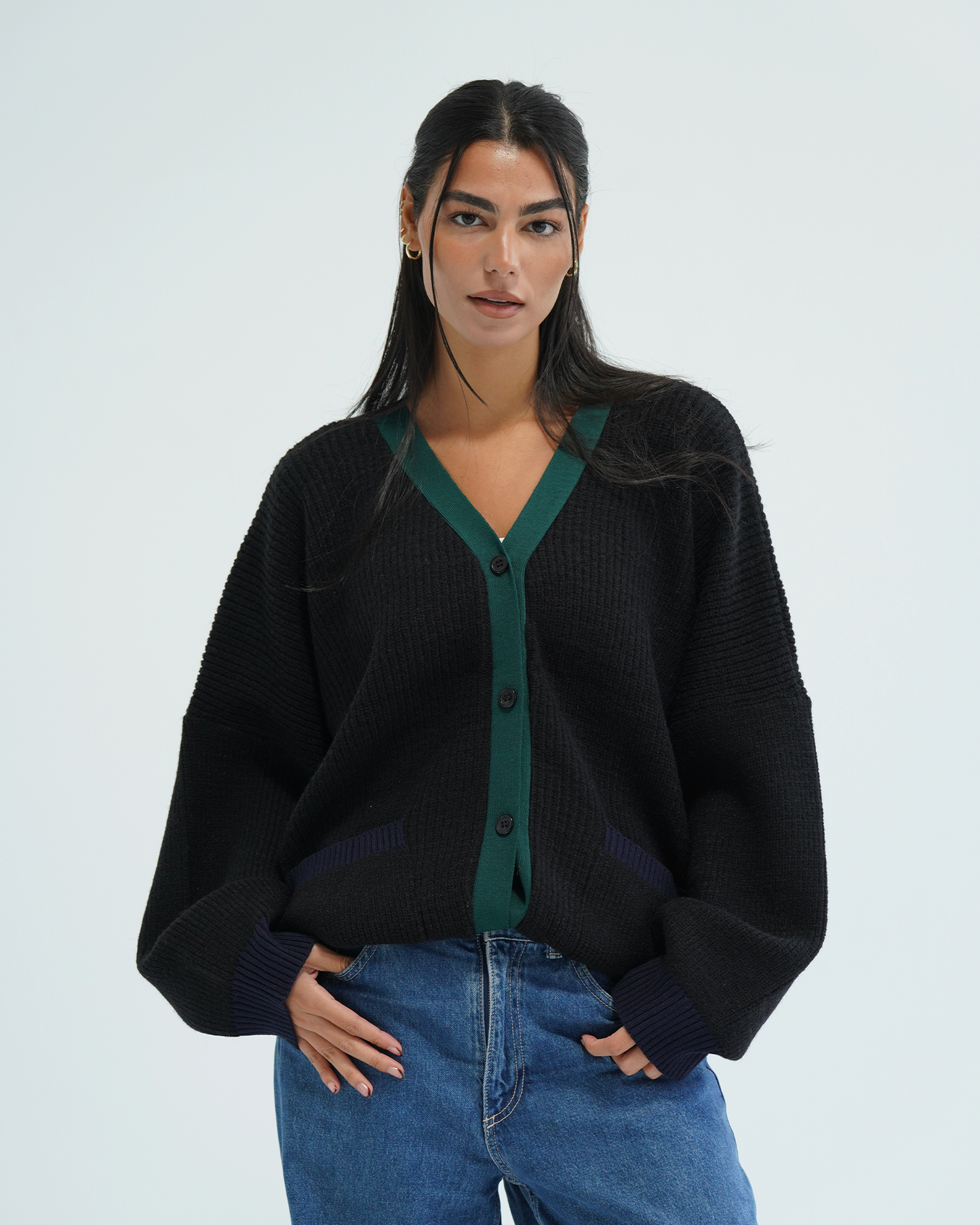 Black Color Block Knit Cardigan