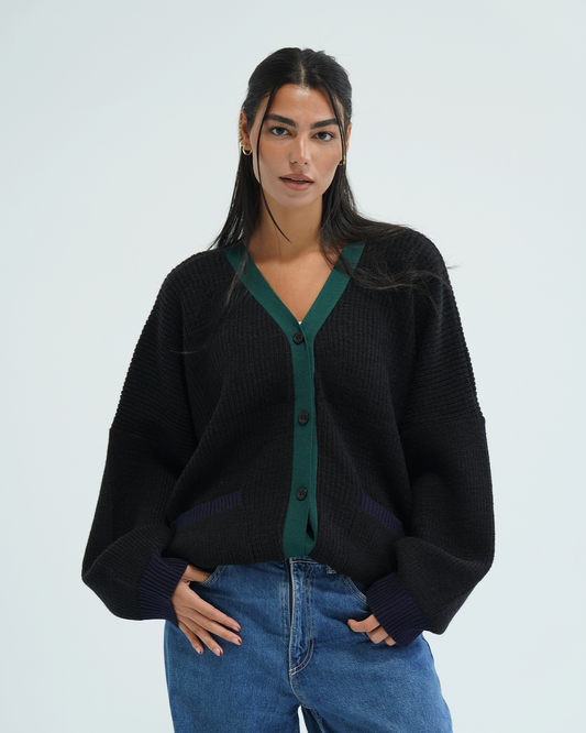 Black Color Block Knit Cardigan