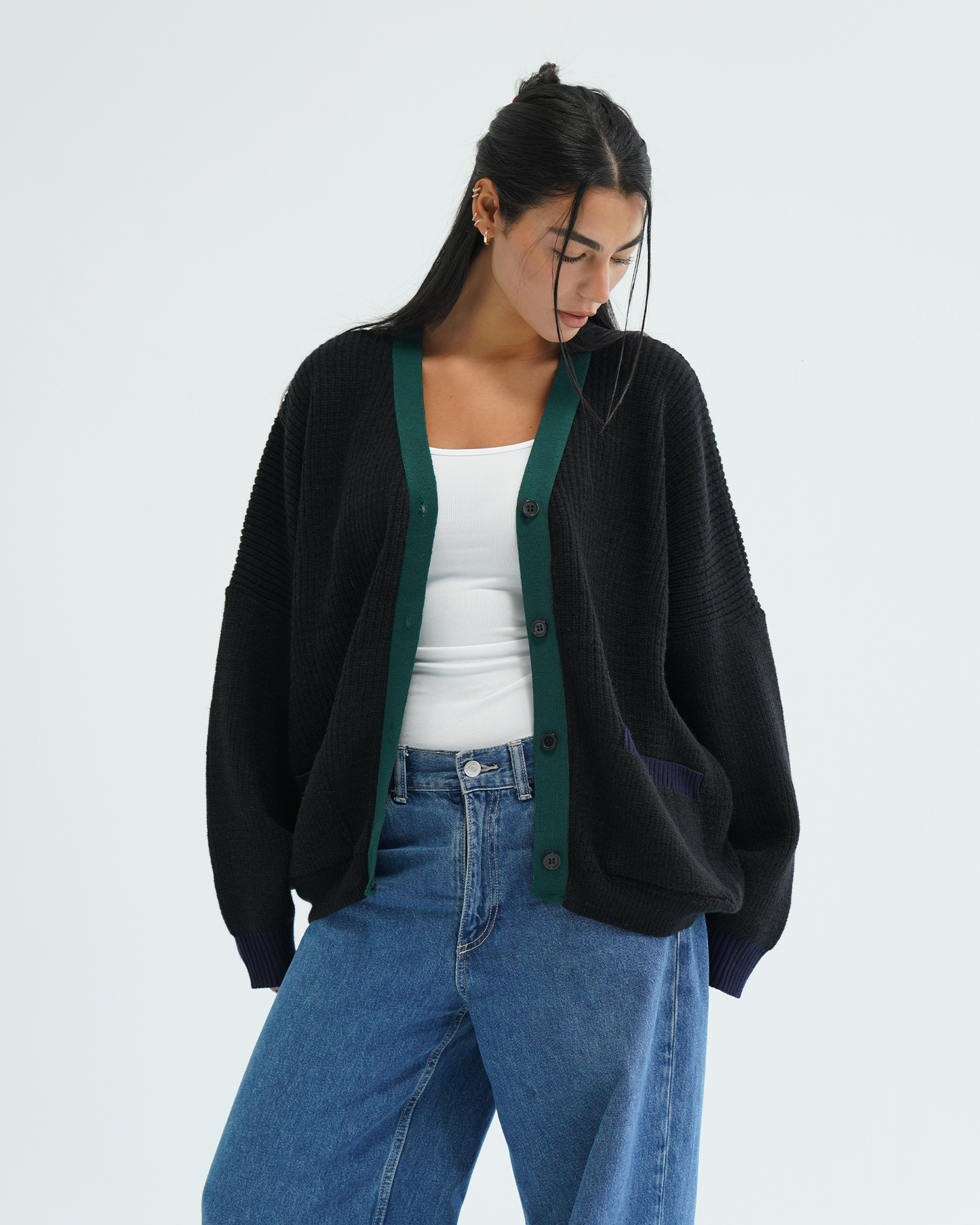 Black Color Block Knit Cardigan