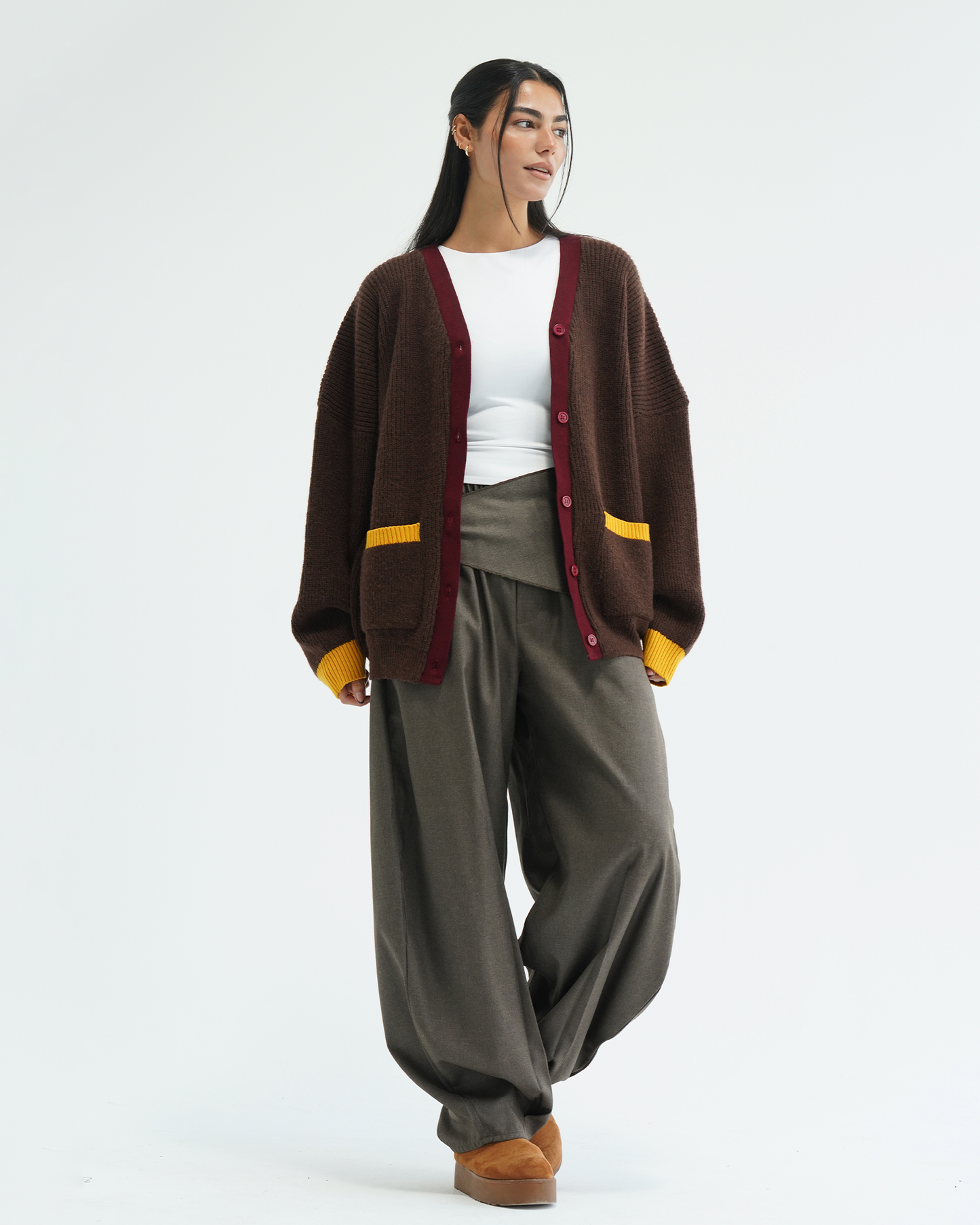 Brown Color Block Knit Cardigan