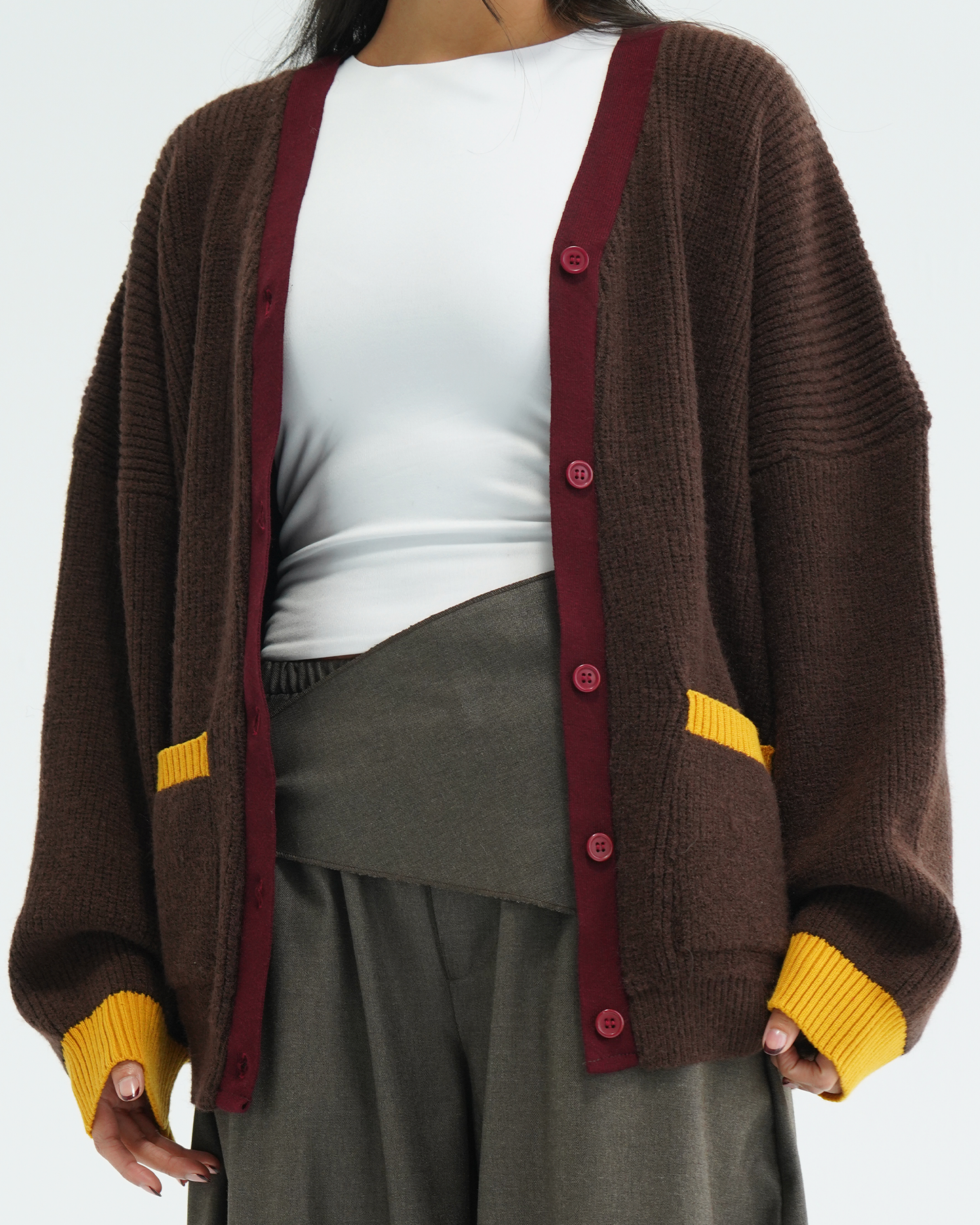 Brown Color Block Knit Cardigan